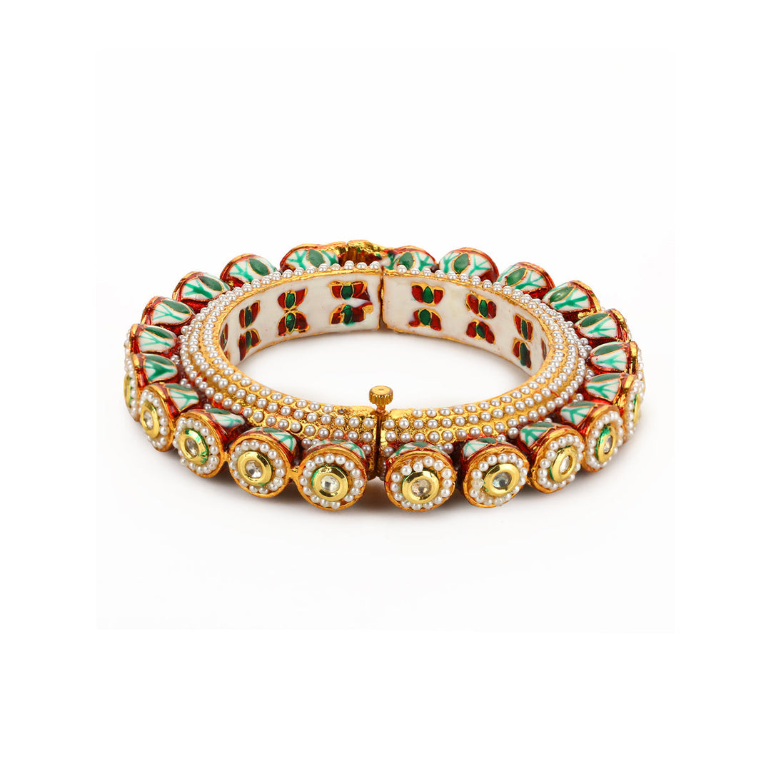 Green Enameled Gold Plated Kundan Bangle | SHOBITAM
