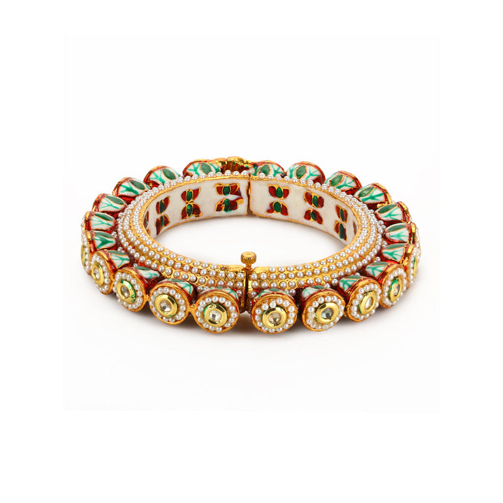 Green Enameled Gold Plated Kundan Bangle | SHOBITAM