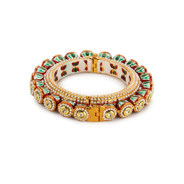 Green Enameled Gold Plated Kundan Bangle | SHOBITAM