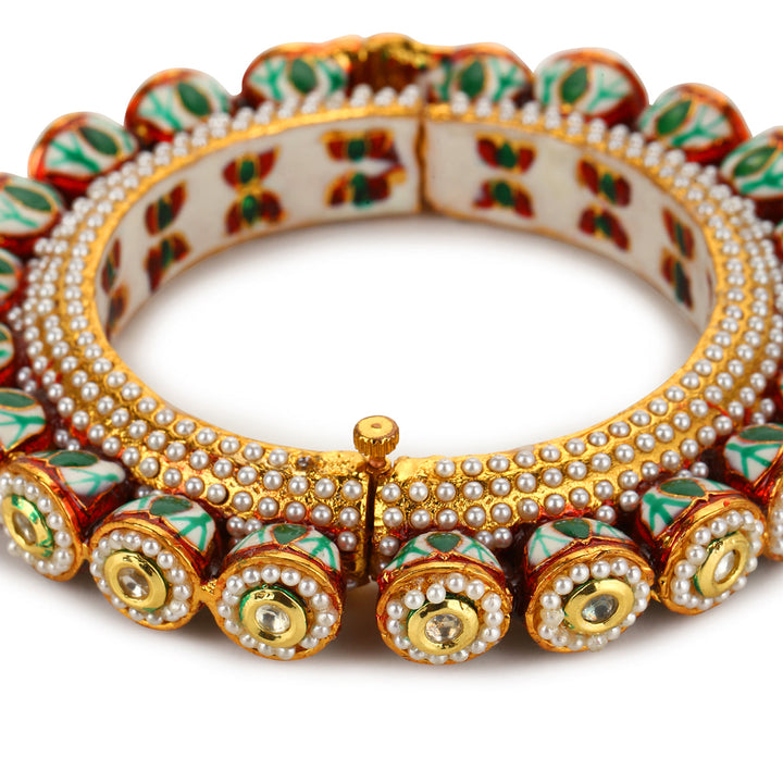 Green Enameled Gold Plated Kundan Bangle | SHOBITAM