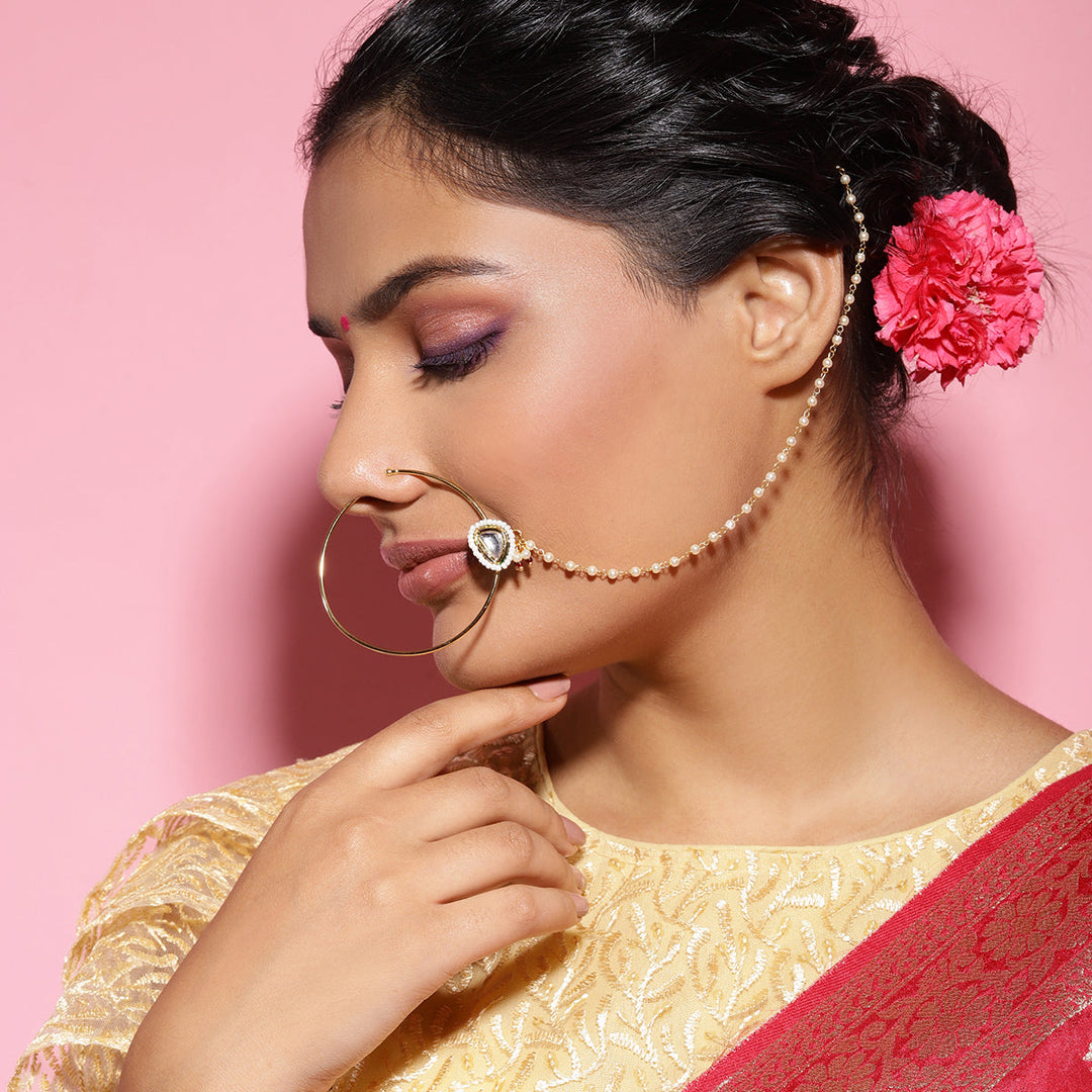 Pearl Kundan Beaded Nose Ring | SHOBITAM