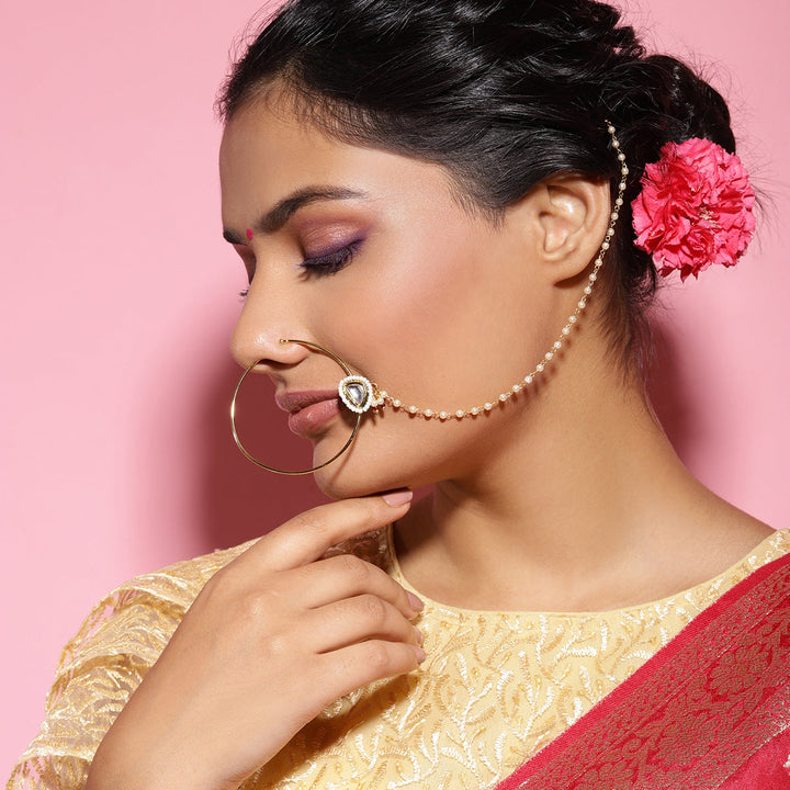 Pearl Kundan Beaded Nose Ring | SHOBITAM