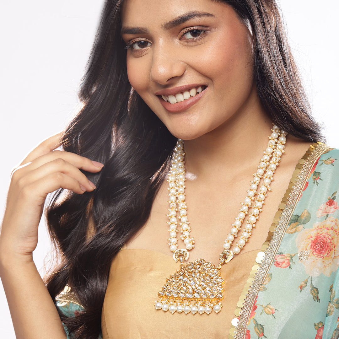 Long Pearl Layered Kundan Necklace | SHOBITAM
