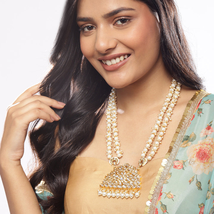 Long Pearl Layered Kundan Necklace | SHOBITAM
