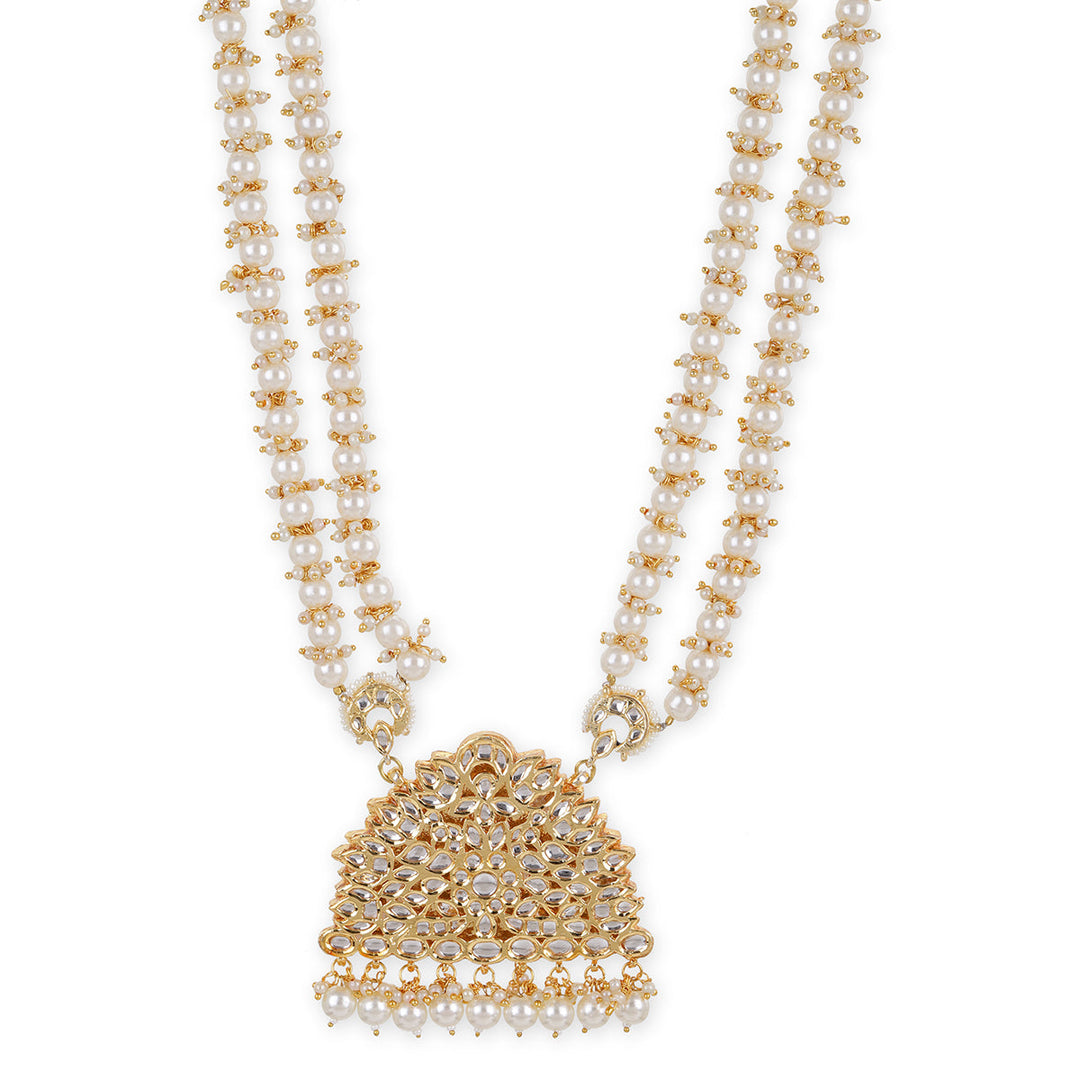 Long Pearl Layered Kundan Necklace | SHOBITAM