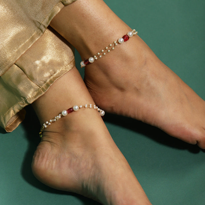 Pearl and Stone Anklets (set of 2) | SHOBITAM