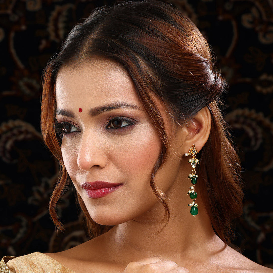 Long Kundan and Emerald Earrings | SHOBITAM