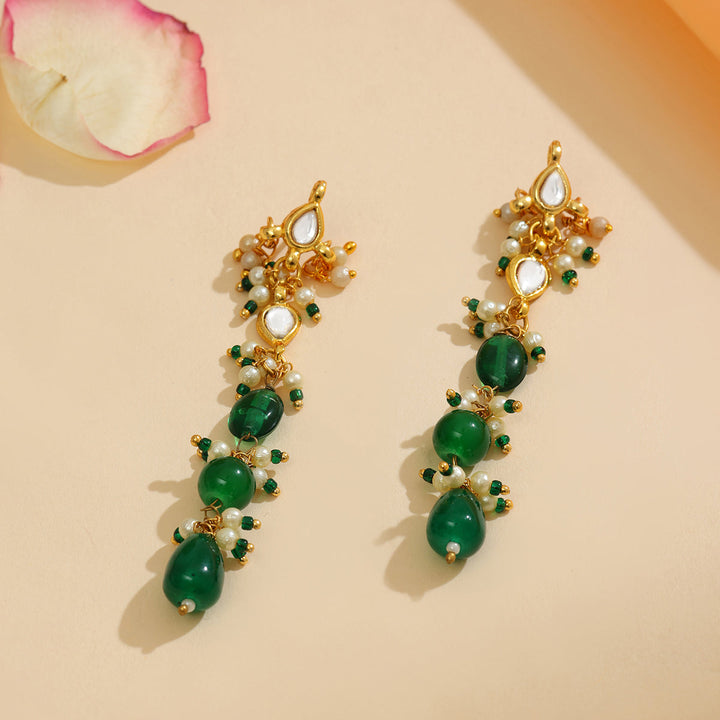 Long Kundan and Emerald Earrings | SHOBITAM