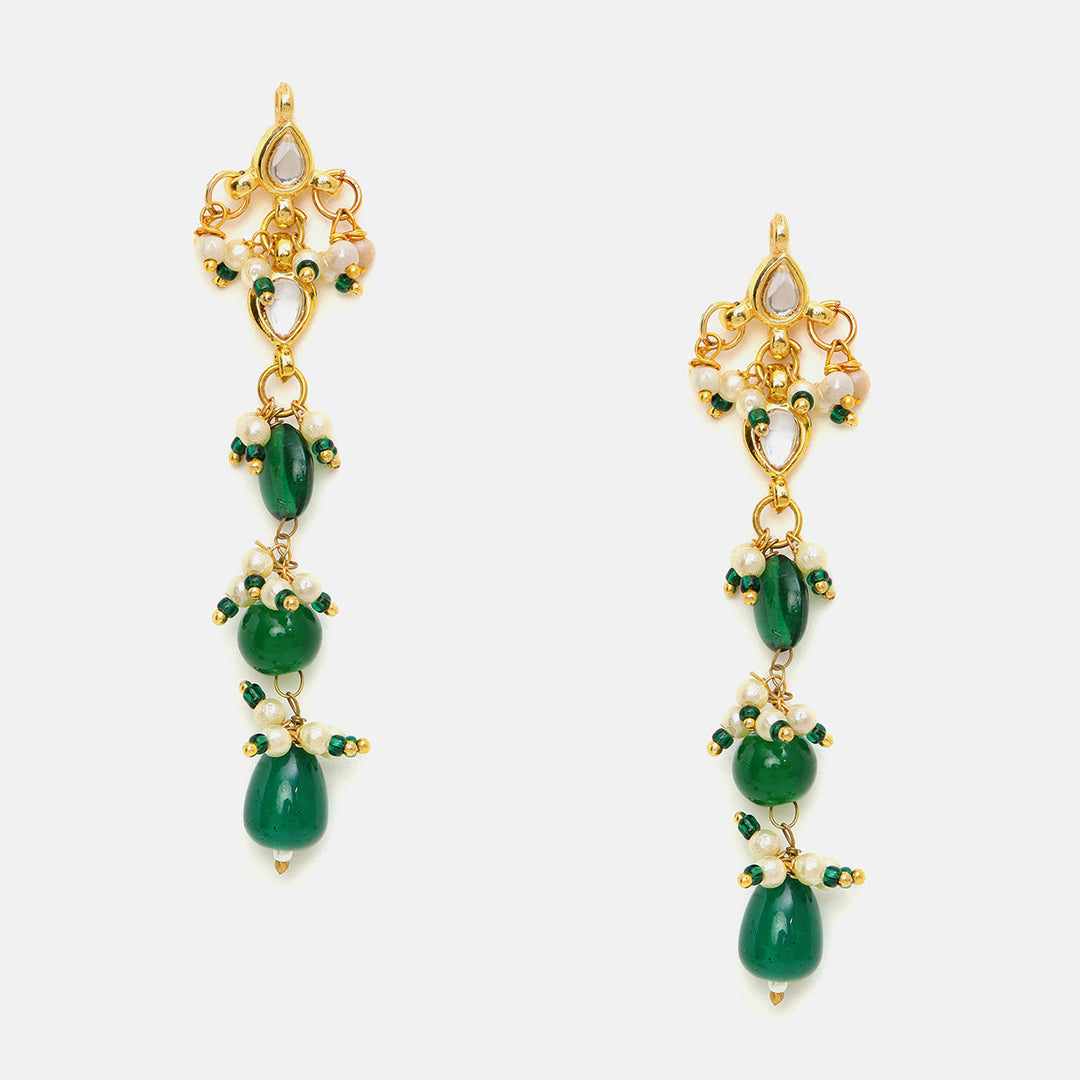 Long Kundan and Emerald Earrings | SHOBITAM