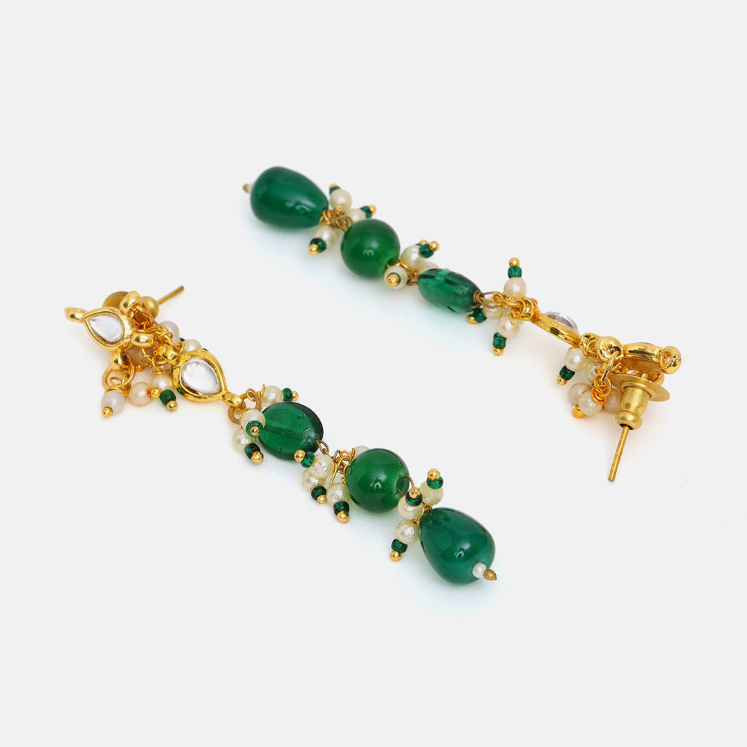 Long Kundan and Emerald Earrings | SHOBITAM