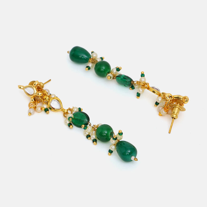 Long Kundan and Emerald Earrings | SHOBITAM