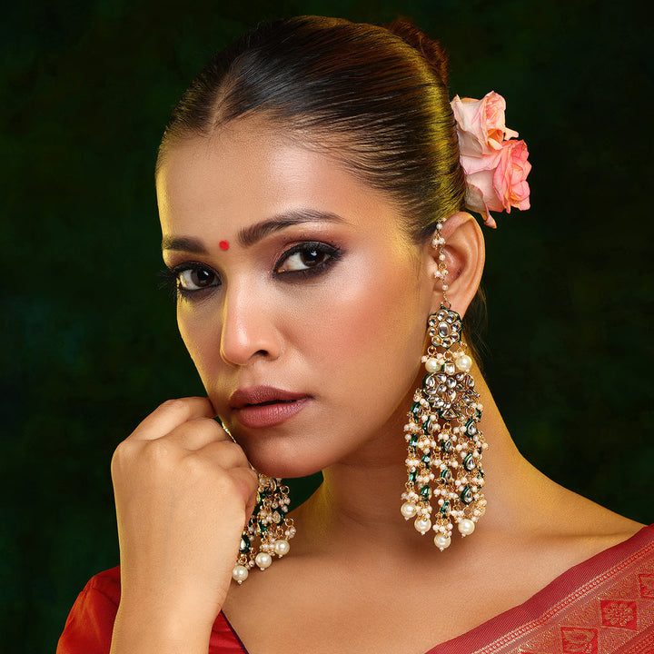 Kundan Green Meenakari Chand Earrings with Ear Chains | SHOBITAM
