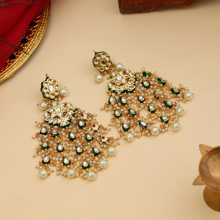 Kundan Green Meenakari Chand Earrings with Ear Chains | SHOBITAM