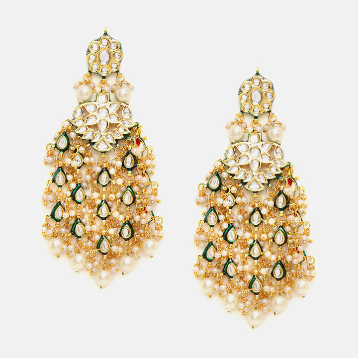 Kundan Green Meenakari Chand Earrings with Ear Chains | SHOBITAM