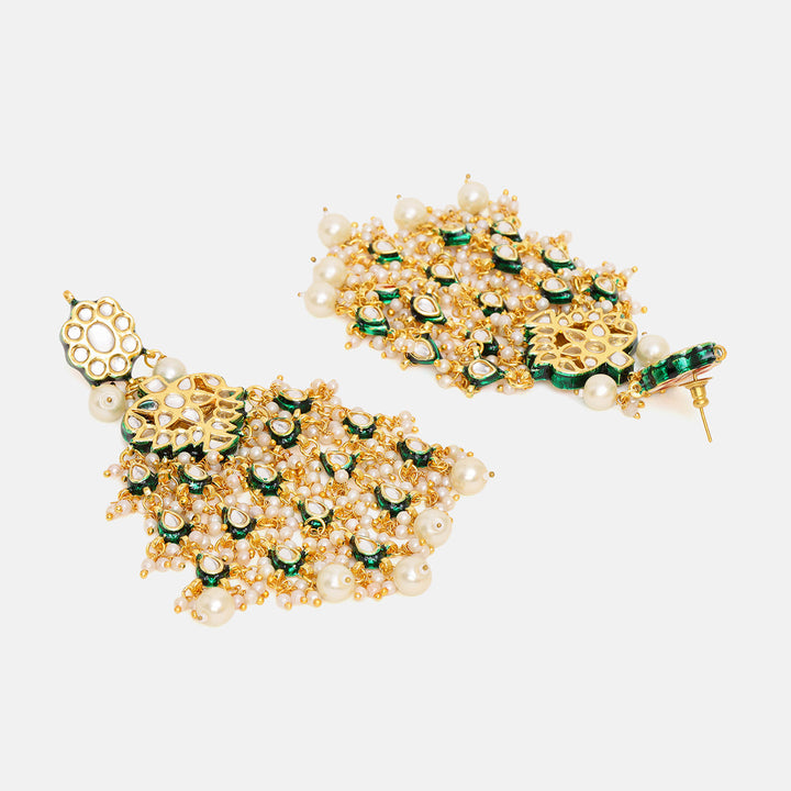 Kundan Green Meenakari Chand Earrings with Ear Chains | SHOBITAM