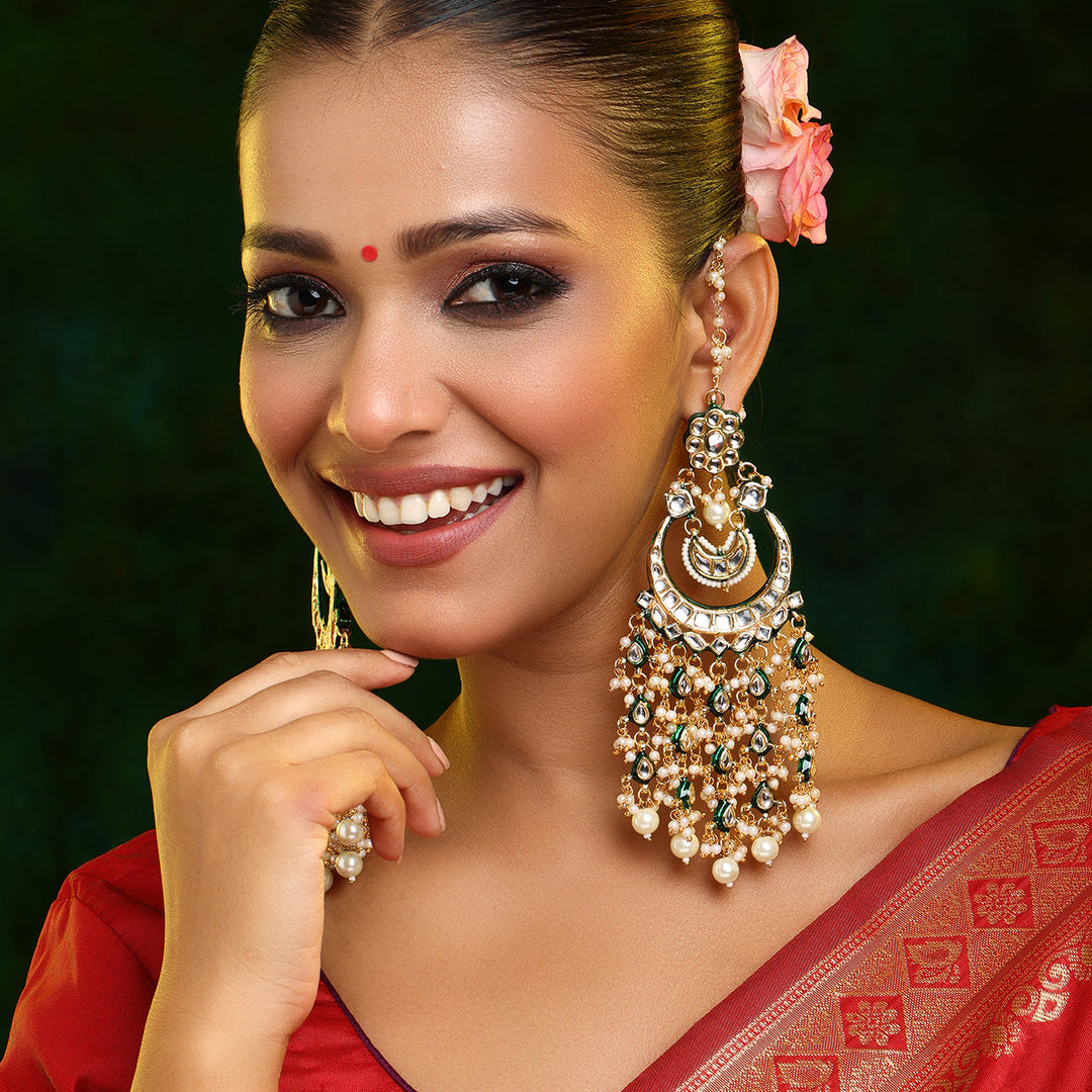 Ruby Raang Kundan Earrings with Ear Chains| SHOBITAM