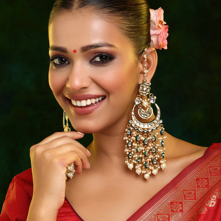 Ruby Raang Kundan Earrings with Ear Chains| SHOBITAM