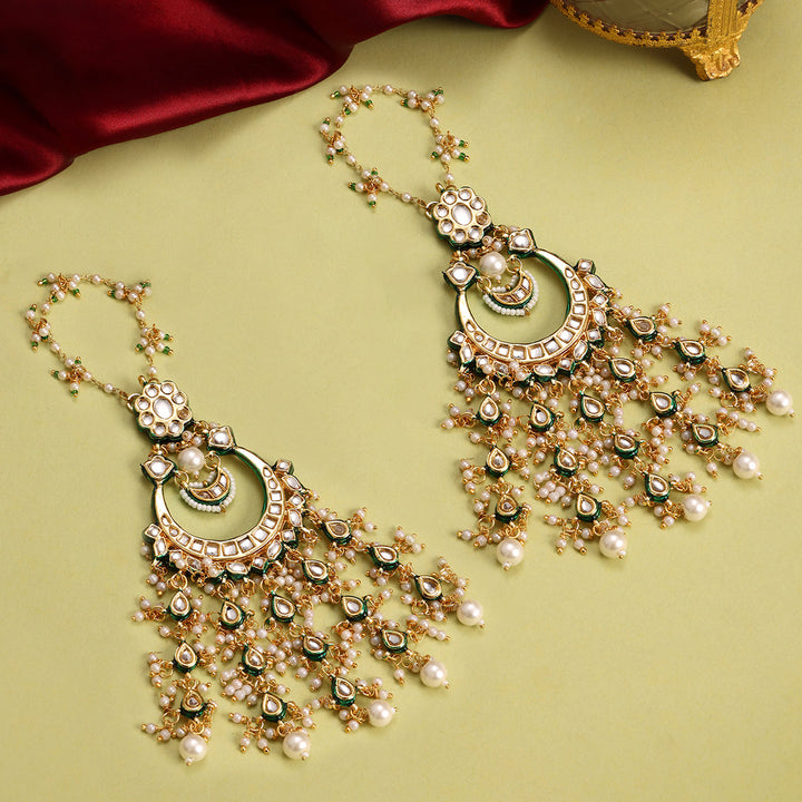 Ruby Raang Kundan Earrings with Ear Chains| SHOBITAM
