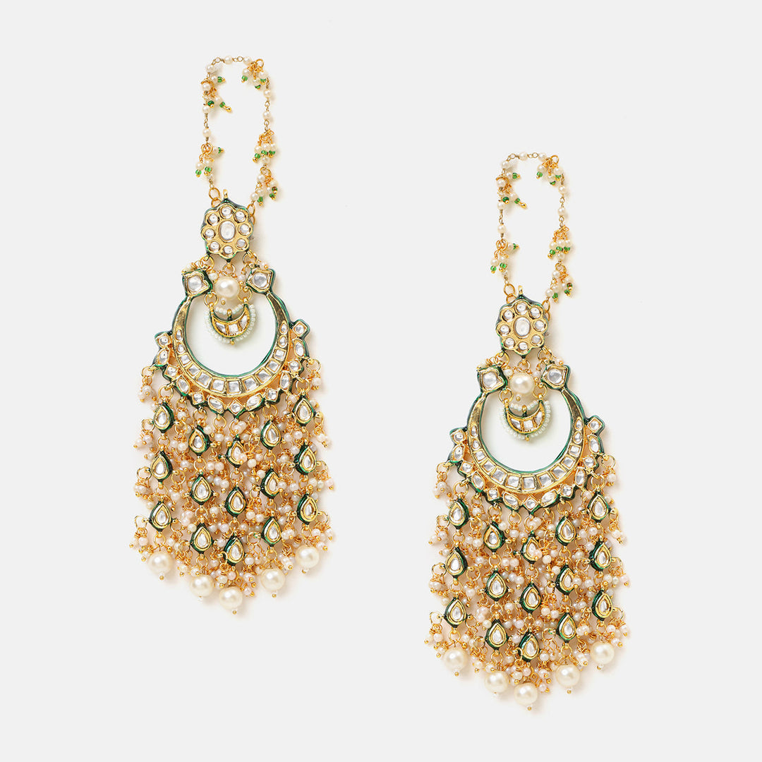 Ruby Raang Kundan Earrings with Ear Chains| SHOBITAM