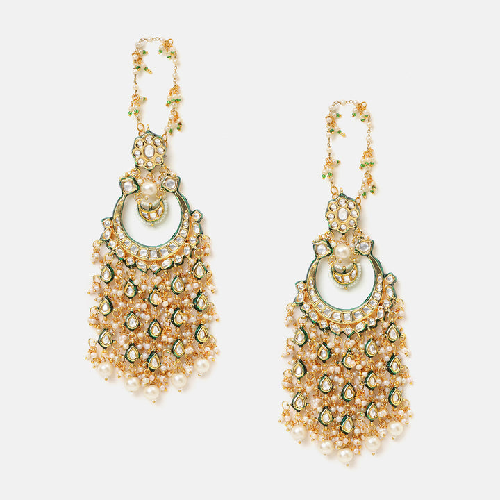 Ruby Raang Kundan Earrings with Ear Chains| SHOBITAM