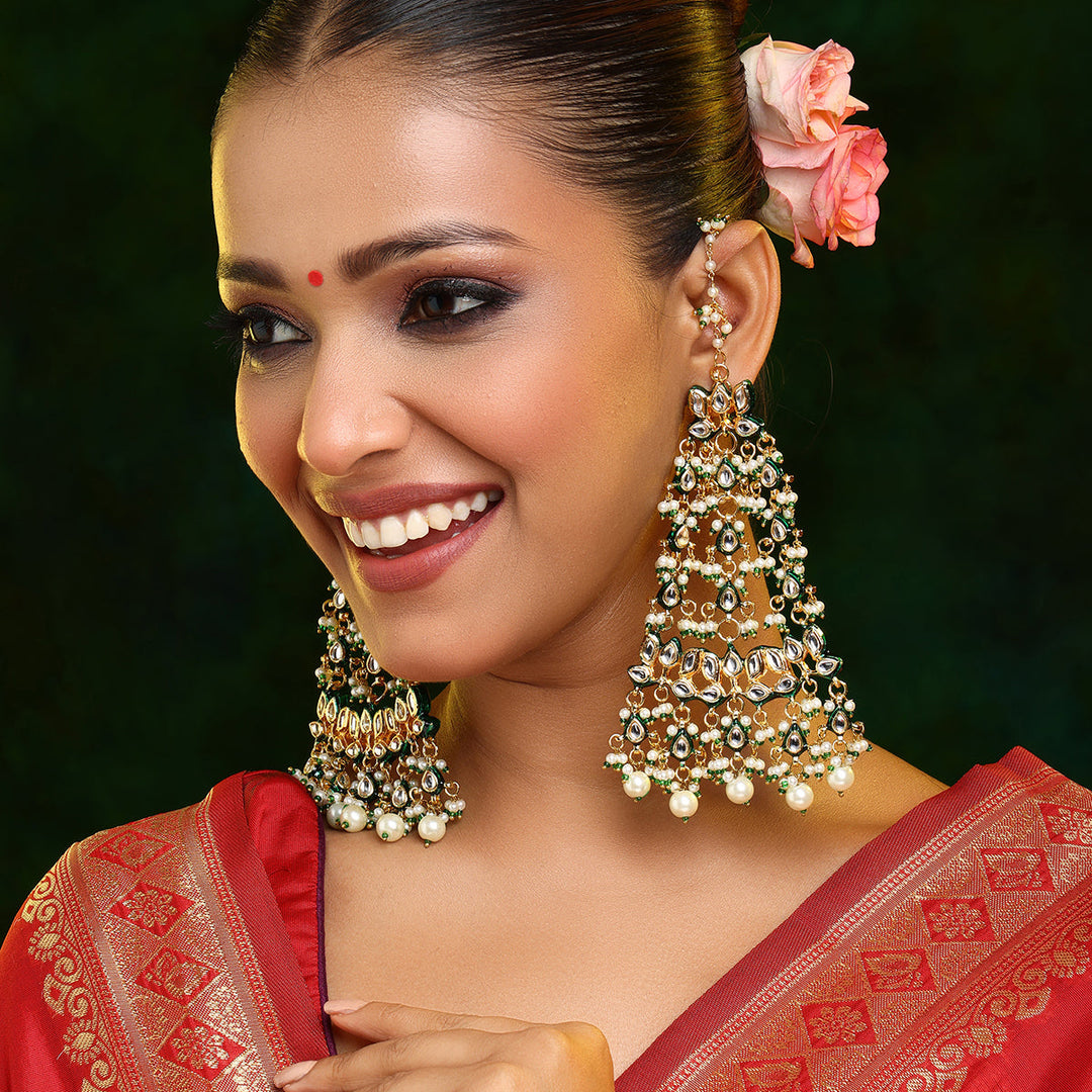 Ruby Raang Kundan Chandelier Earrings with Ear Chains| SHOBITAM