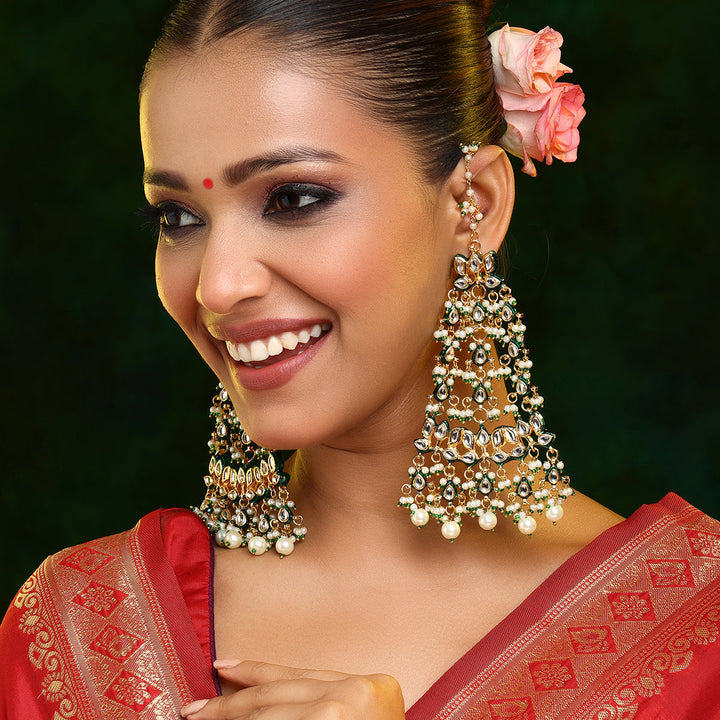 Ruby Raang Kundan Chandelier Earrings with Ear Chains| SHOBITAM
