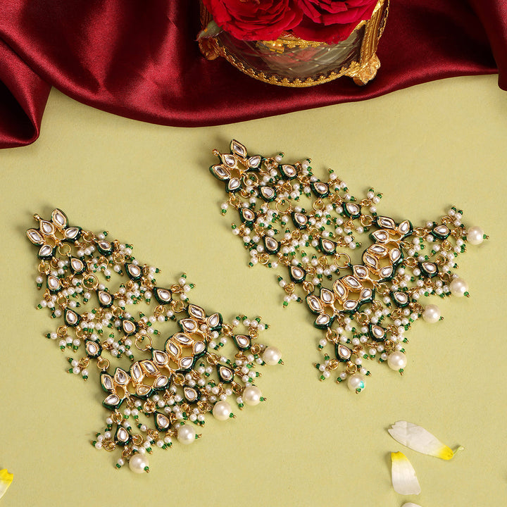 Ruby Raang Kundan Chandelier Earrings with Ear Chains| SHOBITAM