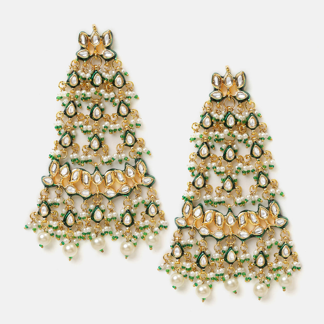 Ruby Raang Kundan Chandelier Earrings with Ear Chains| SHOBITAM
