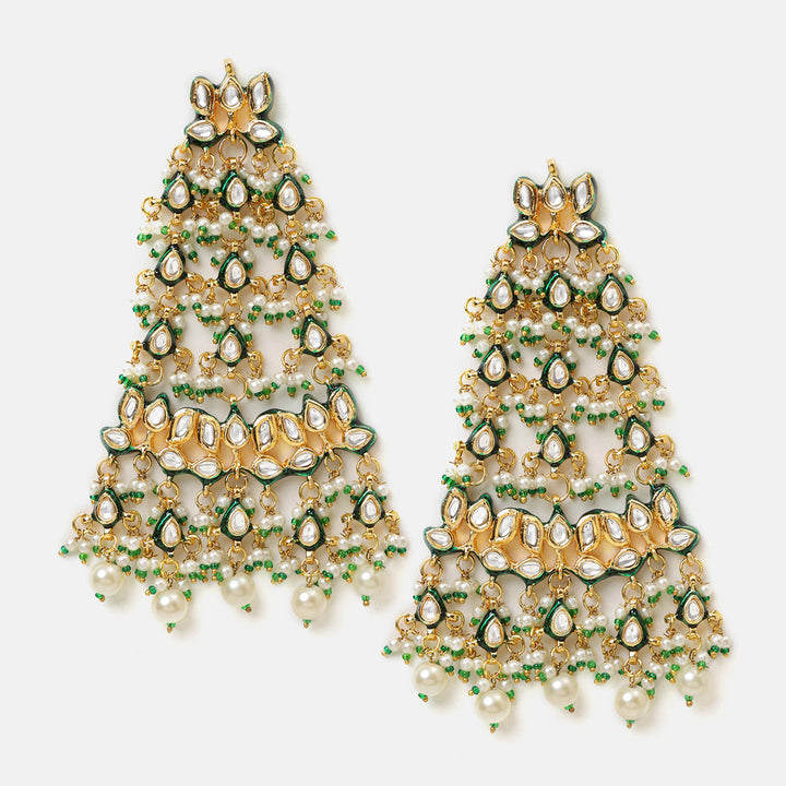Ruby Raang Kundan Chandelier Earrings with Ear Chains| SHOBITAM