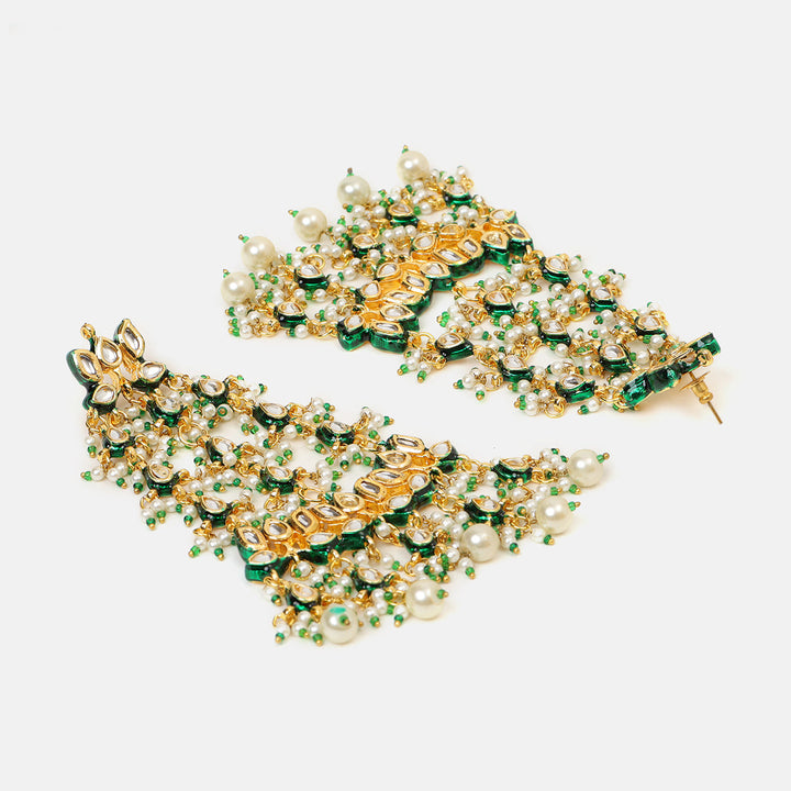 Ruby Raang Kundan Chandelier Earrings with Ear Chains| SHOBITAM
