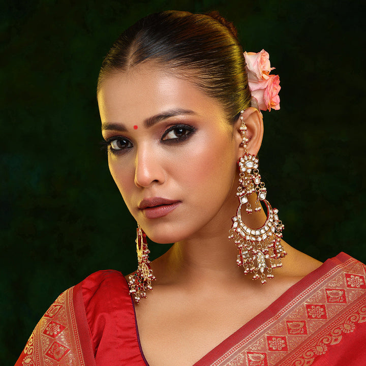 Kundan Chand Red Meenakari Earrings with Ear Chains | SHOBITAM