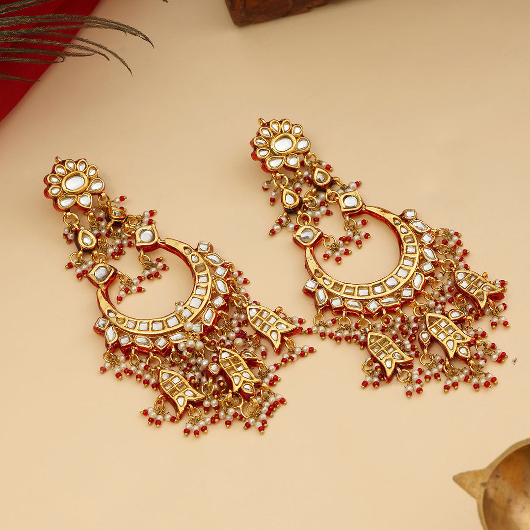 Kundan Chand Red Meenakari Earrings with Ear Chains | SHOBITAM