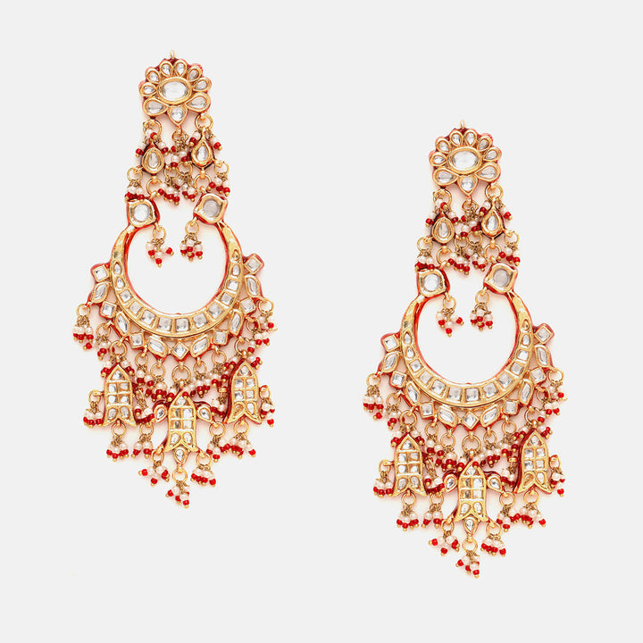 Kundan Chand Red Meenakari Earrings with Ear Chains | SHOBITAM