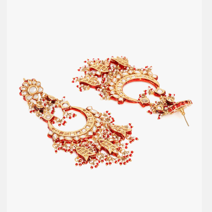Kundan Chand Red Meenakari Earrings with Ear Chains | SHOBITAM