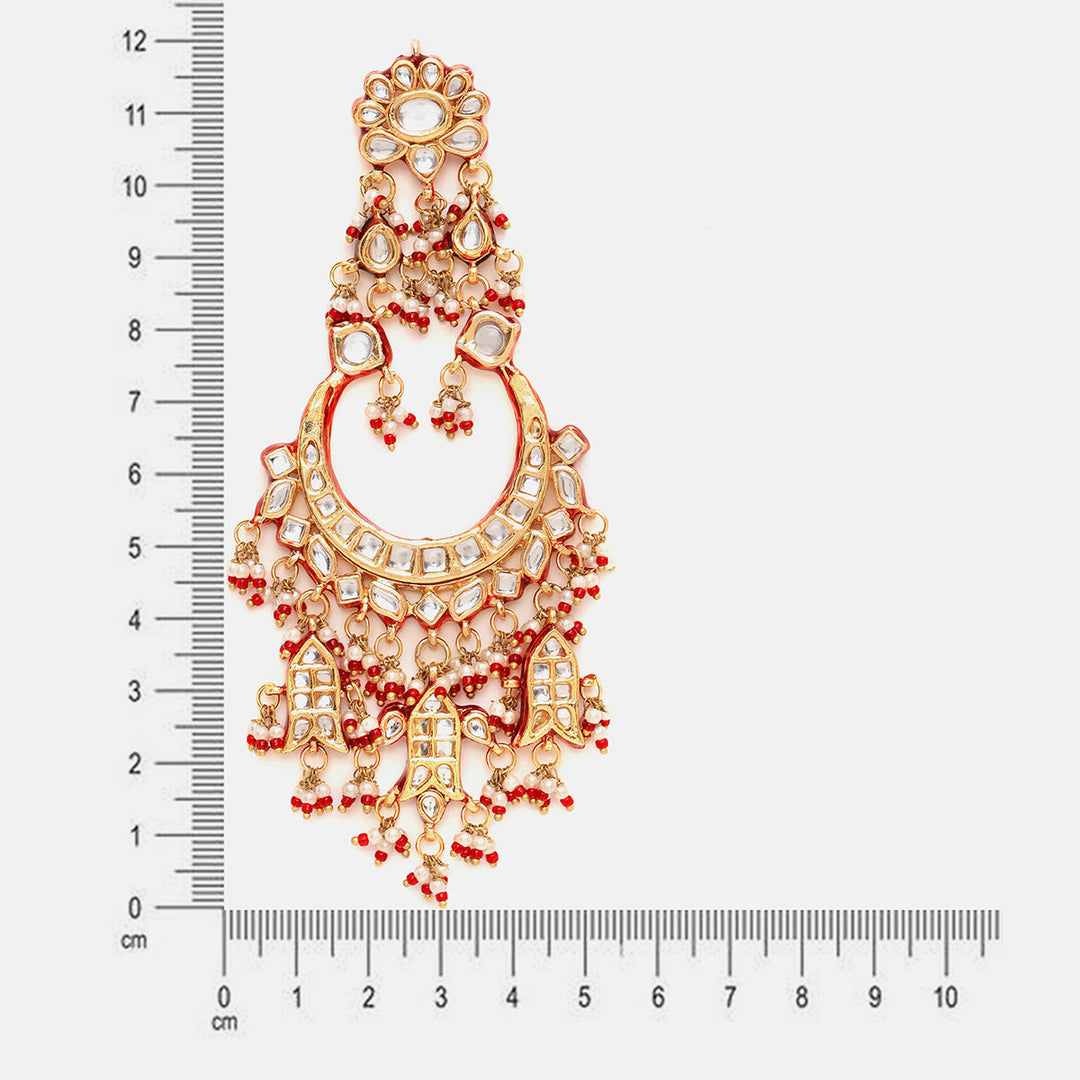 Kundan Chand Red Meenakari Earrings with Ear Chains | SHOBITAM