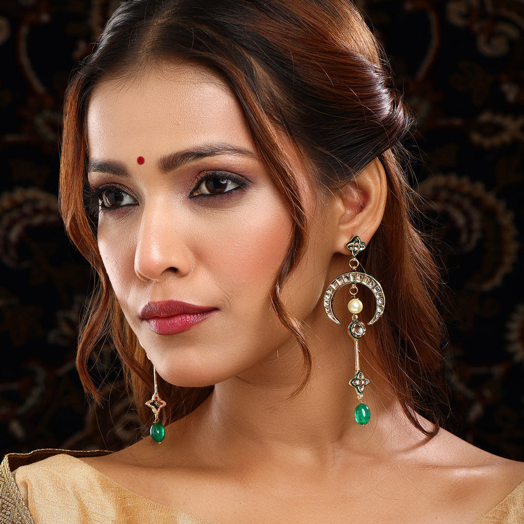 Ruby Raang Long Half Moon Kundan Earrings | SHOBITAM