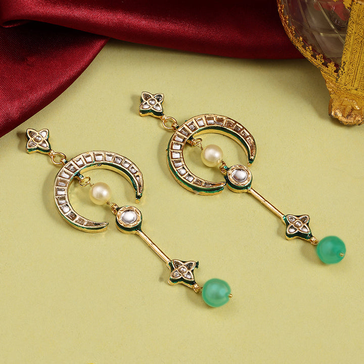 Ruby Raang Long Half Moon Kundan Earrings | SHOBITAM