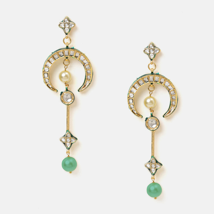 Ruby Raang Long Half Moon Kundan Earrings | SHOBITAM