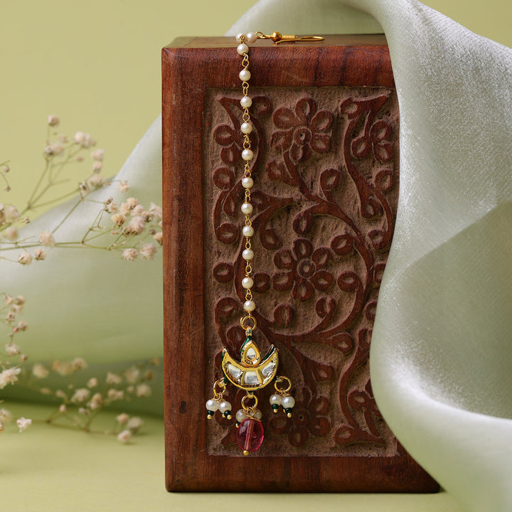 Kundan & Pink Stone Drop Maang Tikka | SHOBITAM