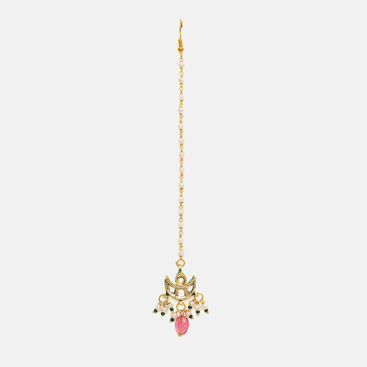 Kundan & Pink Stone Drop Maang Tikka | SHOBITAM