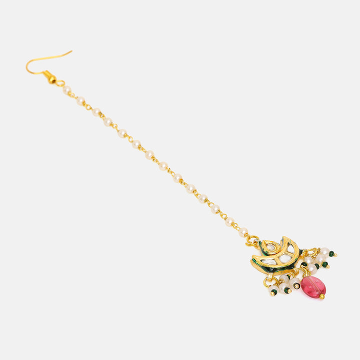 Kundan & Pink Stone Drop Maang Tikka | SHOBITAM