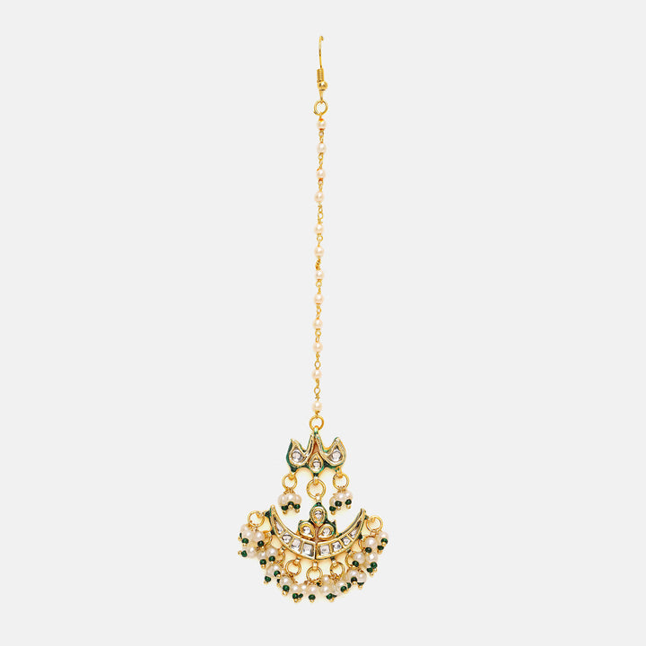 Kundan & Green Beads Maang Tikka | SHOBITAM