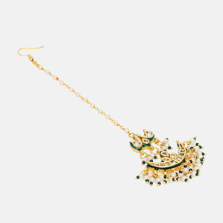 Kundan & Green Beads Maang Tikka | SHOBITAM