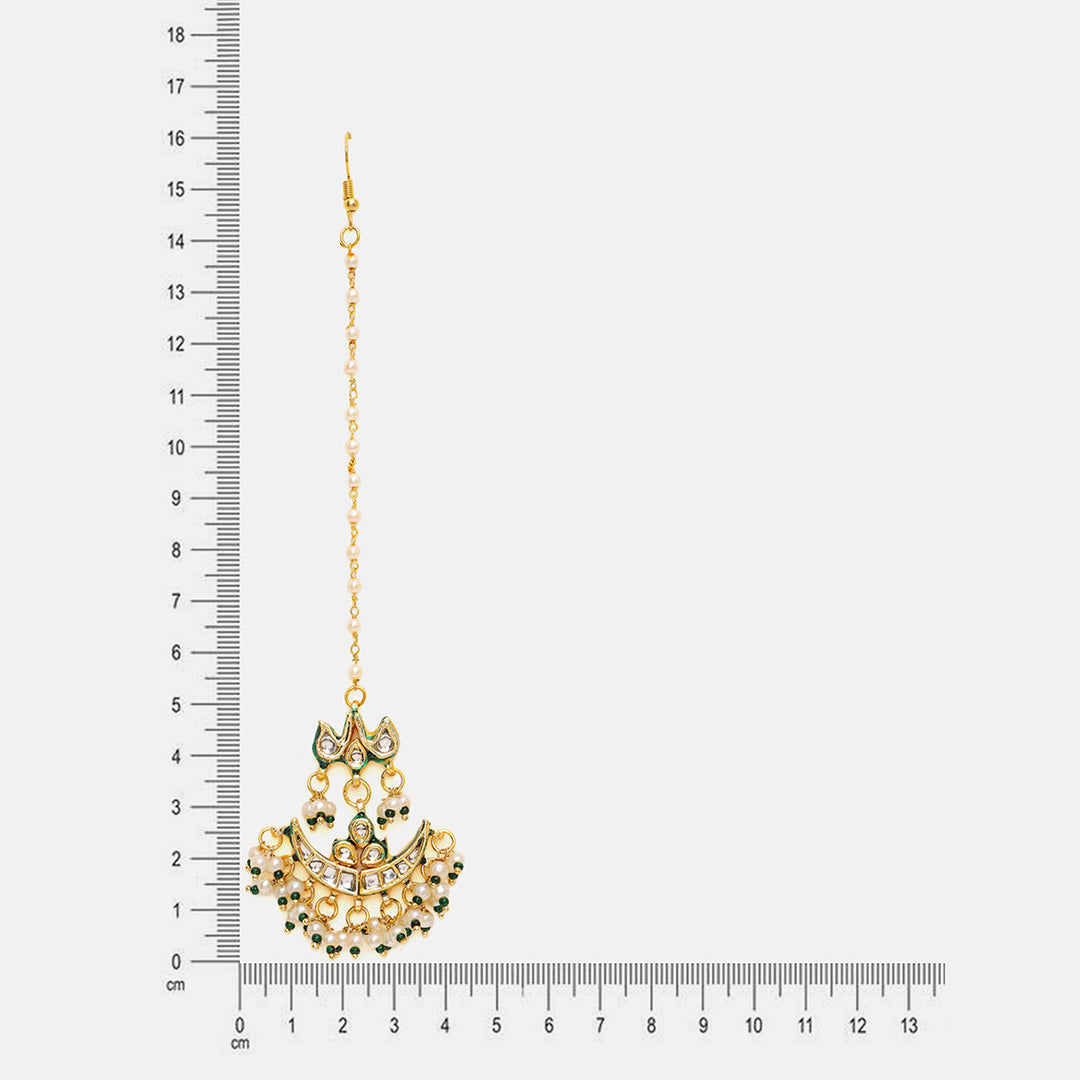 Kundan & Green Beads Maang Tikka | SHOBITAM
