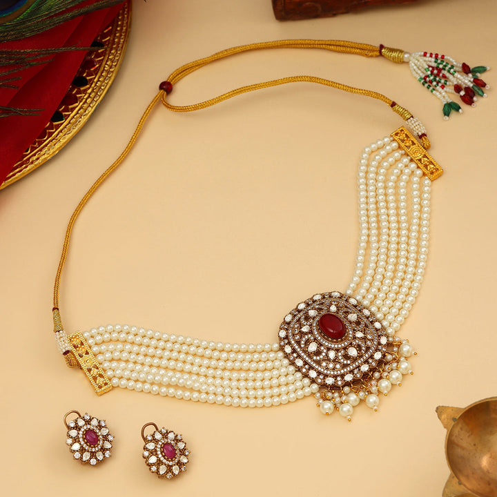 Pearl and Kundan Necklace with Stud Earrings | SHOBITAM