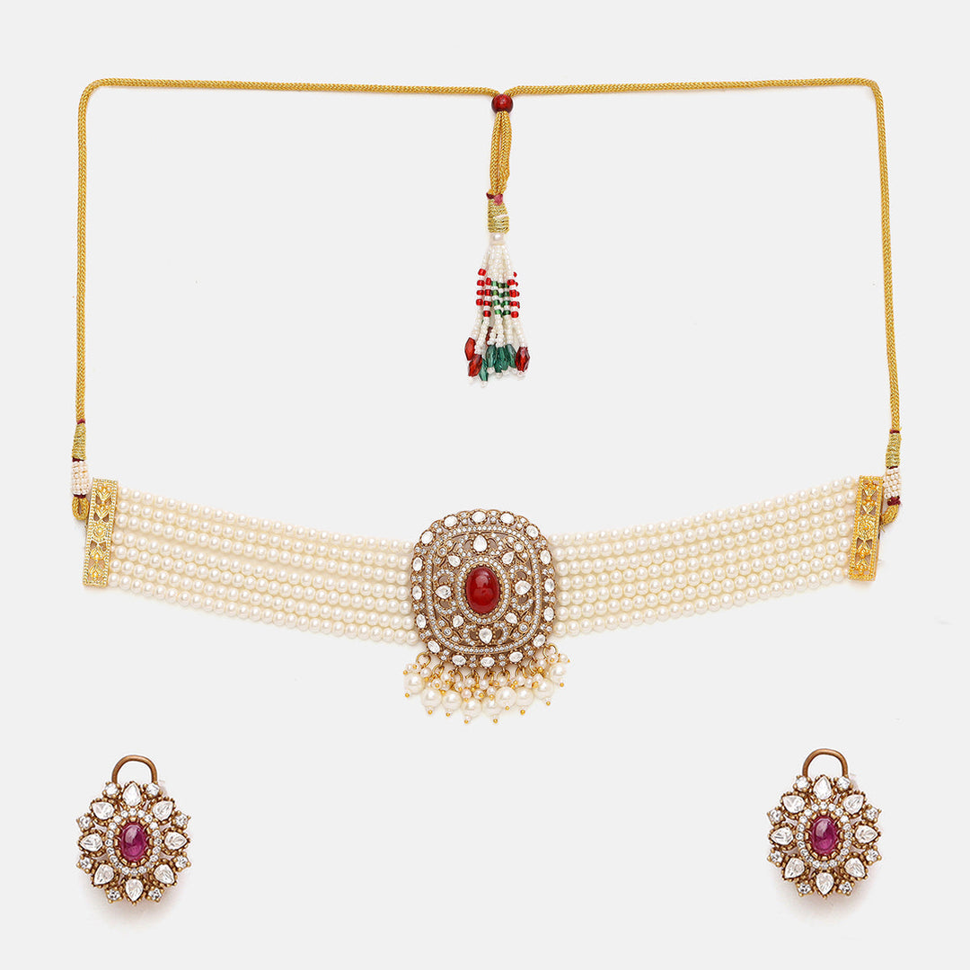 Pearl and Kundan Necklace with Stud Earrings | SHOBITAM