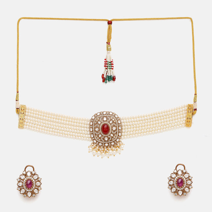 Pearl and Kundan Necklace with Stud Earrings | SHOBITAM