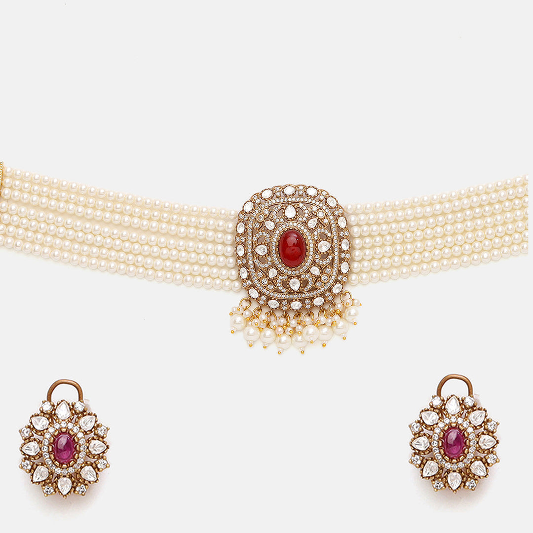Pearl and Kundan Necklace with Stud Earrings | SHOBITAM