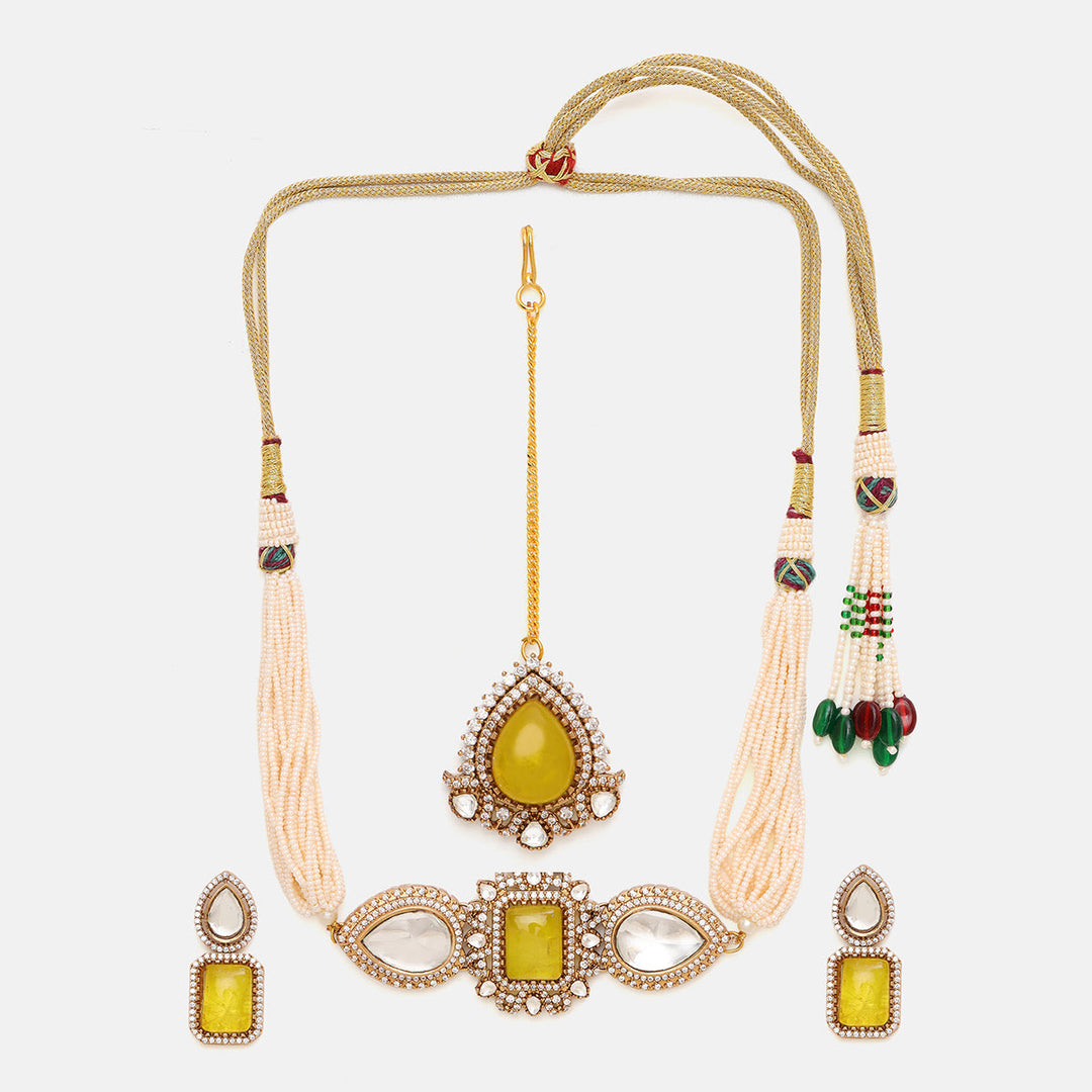 Green Stone and Moissanite Necklace with matching Earrings and Maang Tikka | SHOBITAM
