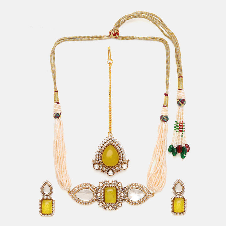 Green Stone and Moissanite Necklace with matching Earrings and Maang Tikka | SHOBITAM